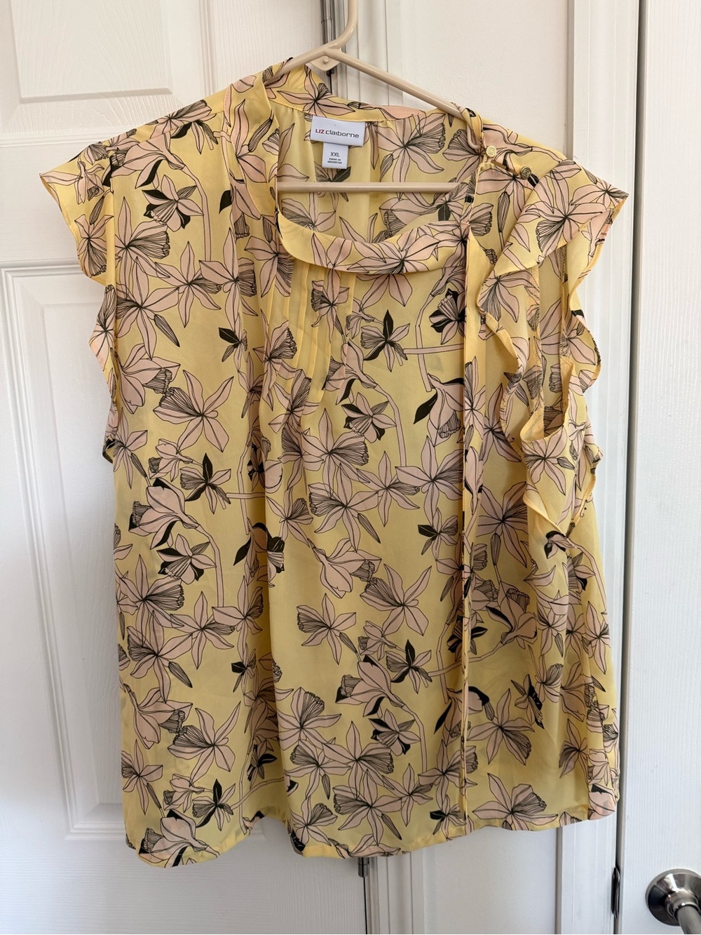 Liz Claiborne Yellow Floral Tie-Neck Ruffle Blouse